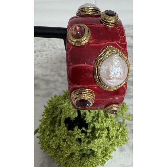 Vintage MCM Sterling Silver Snake Skin Pearl & Rhinestones Cuff Bracelet - Picture 5 of 10